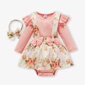 2pcs Baby Girl 95% Cotton Ribbed Long-sleeve Faux-two Floral Print Romper with Headband Set Pink image 1