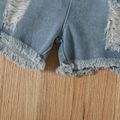 2pcs Toddler Girl Ruffled Lace Bowknot Design Peplum Ginger Tee and Ripped Denim Shorts Set Ginger