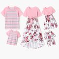 Family Matching Pink Splicing Floral Print Tulip Hem Dresses and Striped Short-sleeve T-shirts Set Pink