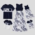 Family Matching Solid Splicing Plant Print Sleeveless Midi Dresses and Short-sleeve T-shirts Sets royalblue image 1