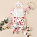 2pcs Baby Girl Party Outfits Floral Print Short-sleeve Lace Snap Jumpsuit with Hat Set White