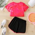 2pcs Kid Girl Tie Dyed Heart Pattern Short-sleeve Tee and Dolphin Shorts Set Hot Pink