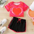 2pcs Kid Girl Tie Dyed Heart Pattern Short-sleeve Tee and Dolphin Shorts Set Hot Pink