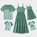 Family Matching Green Spaghetti Strap Tiered Dresses and Striped Splicing Short-sleeve T-shirts Sets aquagreen image 1