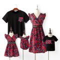 Family Matching Floral Print Cross Wrap V Neck Sleeveless Ruffle Dresses and T-shirts Sets Colorful