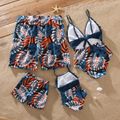 Family Matching Solid Splicing Palm Leaf Print Spaghetti Strap One-Piece Swimsuit and Swim Trunks Shorts Blue image 2