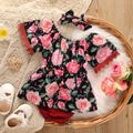 2pcs Baby Girl All Over Vintage Floral Print Lace Short-sleeve Romper with Headband Set Burgundy