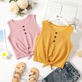 Kid Girl Solid Color Button Design Tie Knot Waffle Tank Top Ginger