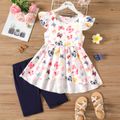2pcs Kid Girl Butterfly Print Flutter-sleeve High Low Tee and Elasticized Shorts Set Blue