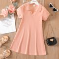 Kid Girl Lapel Collar Solid Color Waffle Short-sleeve Dress Light Pink