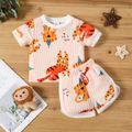 2pcs Baby Boy/Girl All Over Cartoon Tiger Print Waffle Short-sleeve Top and Shorts Set Multi-color
