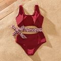 Solid Spliced Floral Print Self-Tie Cut Out One-Piece Swimsuit for Mom and Me WineRed