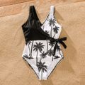Family Matching All Over Coconut Tree Print Splicing One-Piece Swimsuit and Swim Trunks Shorts BlackandWhite