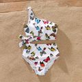 Family Matching All Over Butterfly Print One Shoulder Self-tie Two Piece Swimwear and Swim Trunks Shorts White