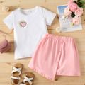 2-piece Kid Girl Heart Embroidered Short-sleeve Tee and Button Design Irregular Skirt Set Pink image 1