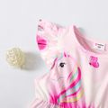 فستان وردي بأكمام رفرفة وطبعة قلب وحيد القرن للفتيات الصغيرات زهري image 5