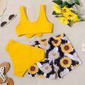 3pcs Kid Girl Bowknot Design Top, Briefs and Floral Print Short-sleeve Swimsuit Set Yellow