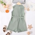 Kid Girl Solid Color Button Design Notched Collar Sleeveless Belted Rompers Jumpsuits Shorts Green