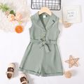 Kid Girl Solid Color Button Design Notched Collar Sleeveless Belted Rompers Jumpsuits Shorts Green