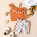 2pcs Toddler Girl Flounce Pompom Design One Shoulder Camisole and Bowknot Design Stripe Shorts Set Caramel