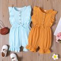 Toddler Girl 100% Cotton Solid Color Bowknot Button Design Ruffled Sleeveless Romper Ginger