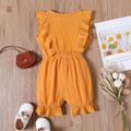 Toddler Girl 100% Cotton Solid Color Bowknot Button Design Ruffled Sleeveless Romper Ginger