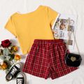 2pcs Kid Girl Letter Print Short-sleeve Yellow Tee and Button Design Plaid Skirt Set Yellow