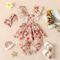 2pcs Baby Girl All Over Floral Print Lace Ruffle Skirted Jumpsuit with Headband Set Color-A