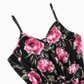 Family Matching All Over Floral Print V Neck Spaghetti Strap Dresses and Splicing Short-sleeve T-shirts Sets Black image 3
