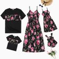 Family Matching All Over Floral Print V Neck Spaghetti Strap Dresses and Splicing Short-sleeve T-shirts Sets Black