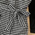 Kid Girl Houndstooth Button Design Belted Irregular Long-sleeve Dress BlackandWhite