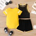 3pcs Baby Boy Cotton Short-sleeve Baseball Letter Print Romper and Tank Top with Shorts Set Yellow