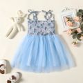 Baby Shirred Floral Allover Mesh Layered Sleeveless Pink or Blue Dress Light Blue