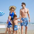 blauer einteiliger Badeanzug mit Palmblatt-Print, passend zur Familie blau