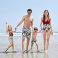 Family Matching All Over Plant Print Swim Trunks Shorts and Spaghetti Strap Splicing One-Piece Swimsuit Red