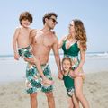 Family Matching Allover Plants Print Swim Trunks Shorts and V Neck Spaghetti Strap Splicing One-Piece Swimsuit Dark Green