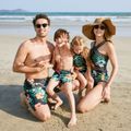 Family Matching All Over Tropical Plants Print Black Swim Trunks Shorts and Webbing One-Piece Swimsuit Black image 3