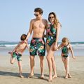 Family Matching All Over Tropical Plants Print Black Swim Trunks Shorts and Webbing One-Piece Swimsuit Black image 2