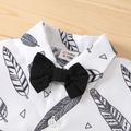 2pcs Baby Boy 100% Cotton Shorts and All Over Feather Print Short-sleeve Bow Tie Button Up Shirt Set BlackandWhite