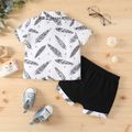 2pcs Baby Boy 100% Cotton Shorts and All Over Feather Print Short-sleeve Bow Tie Button Up Shirt Set BlackandWhite