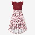 Family Matching Solid and Floral Print Splicing Flutter-sleeve Irregular Hem Dresses and Striped Short-sleeve T-shirts Sets WineRed