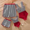 Family Matching Striped Swim Trunks Shorts and Ruffle Splicing One-Piece Swimsuit REDWHITE image 2