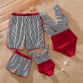 Family Matching Striped Swim Trunks Shorts and Ruffle Splicing One-Piece Swimsuit REDWHITE image 1