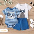 3pcs Baby Boy Cartoon Bear Print Short-sleeve T-shirt and Striped Romper with Solid Shorts Set Blue