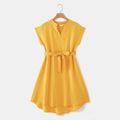 100% Cotton Yellow V Neck Short-sleeve Belted Dress for Mom and Me Yellow