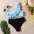2pcs Kid Girl Flounce One Shoulder Top and Button Design Briefs Swimsuit Set Light Blue