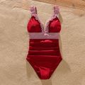 Family Matching Red Striped Splicing Ruffle One-Piece Swimsuit and Letter Print Swim Trunks Shorts Sets Red image 3