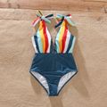 Family Matching Colorful Striped Deep V Neck Splicing One-Piece Swimsuit and Swim Trunks Shorts Colorful
