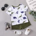 2pcs Baby Boy All Over Dinosaur Print Short-sleeve Tee and Solid Shorts Set Army green image 2