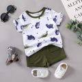 2pcs Baby Boy All Over Dinosaur Print Short-sleeve Tee and Solid Shorts Set Army green image 1